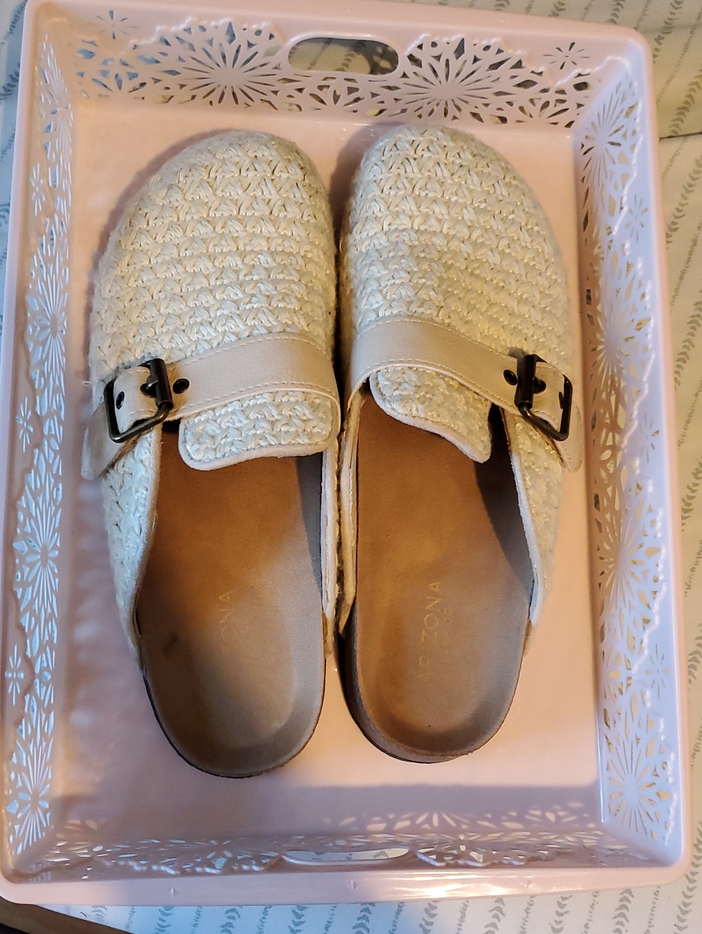Arizona Jean Company Woven Buckle Backless Mules in Cream